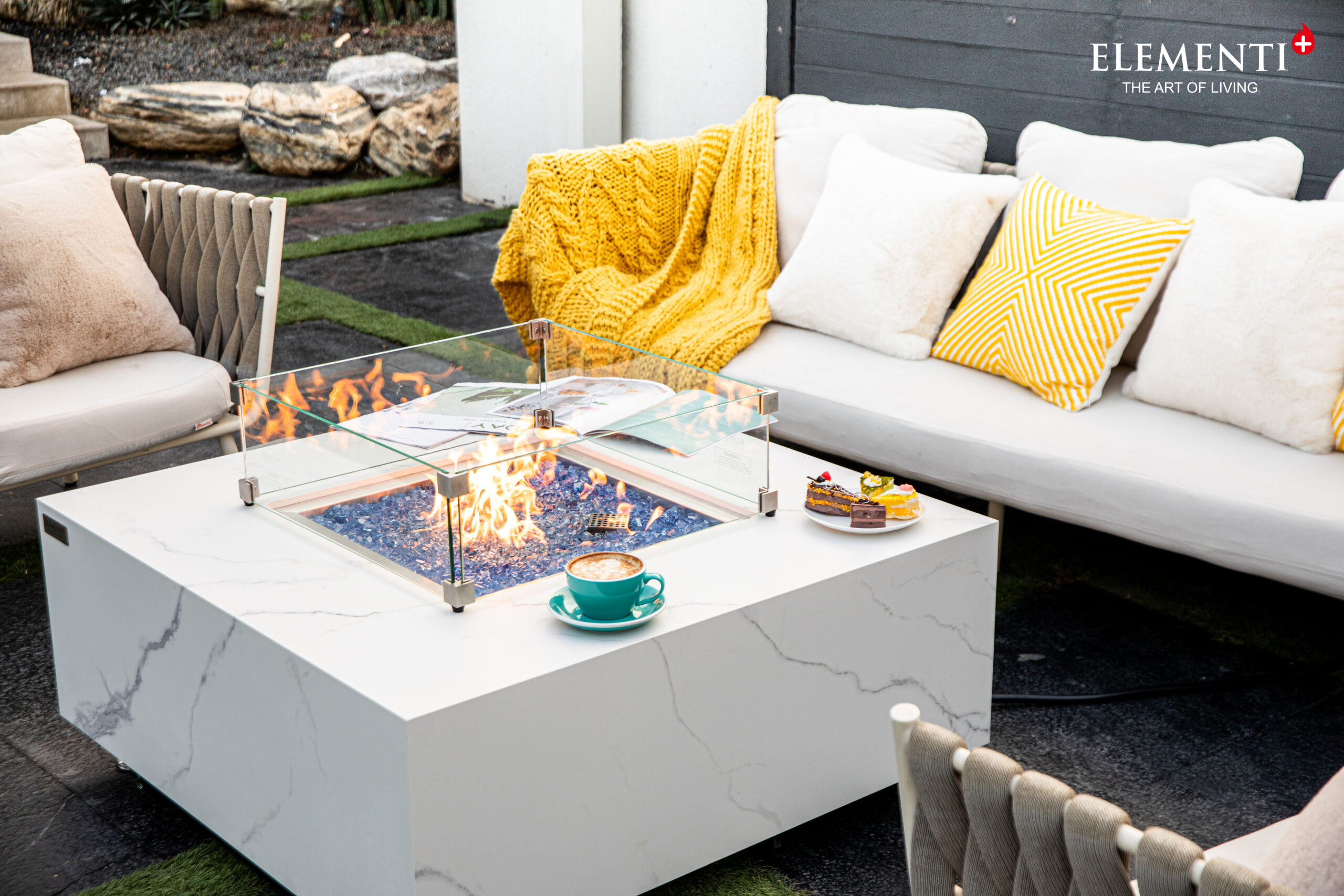 Elementi Plus Bianco Marble Porcelain Fire Table